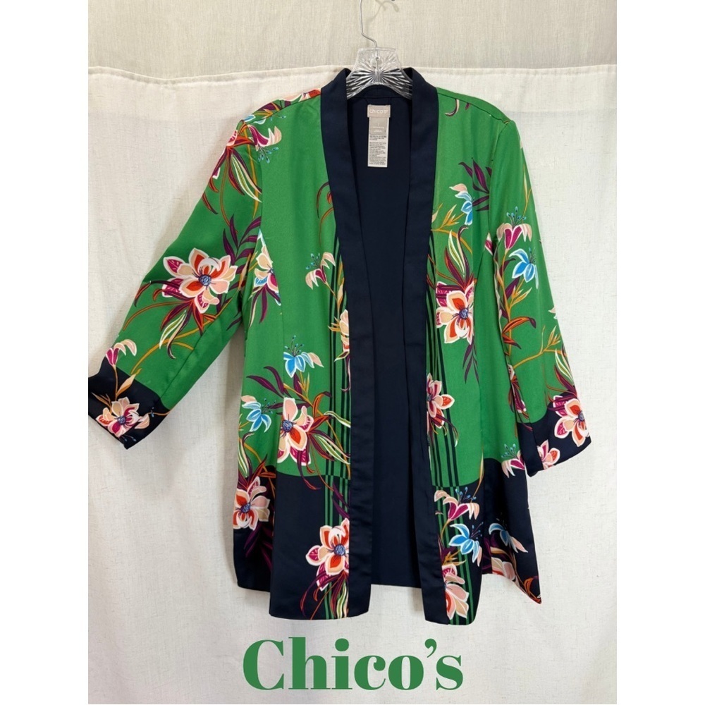 Chicos Green Floral Kimono Jacket Boho Layering Piece Size 1